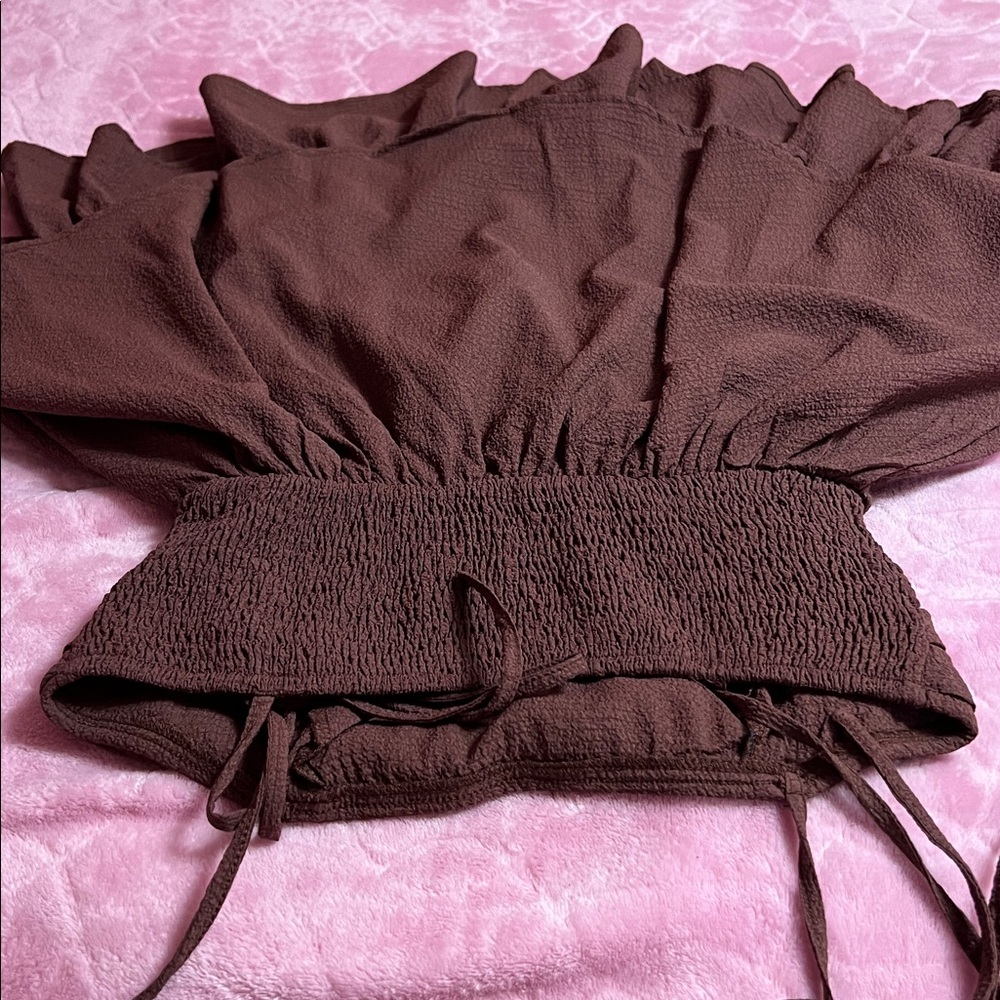 brown ruched layered ruffle mini dress - Picture 4 of 6